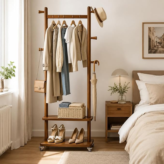 Taitiy Coat Rack Freestanding Clothing Rack with Wheels & 2 Shelves Storage & 5 Hooks Heavy Duty Clothes Rack Wood Coat Tree Stand Hat Hanger Rack for Corner Bedroom Entryway Living Room Hotel Size L