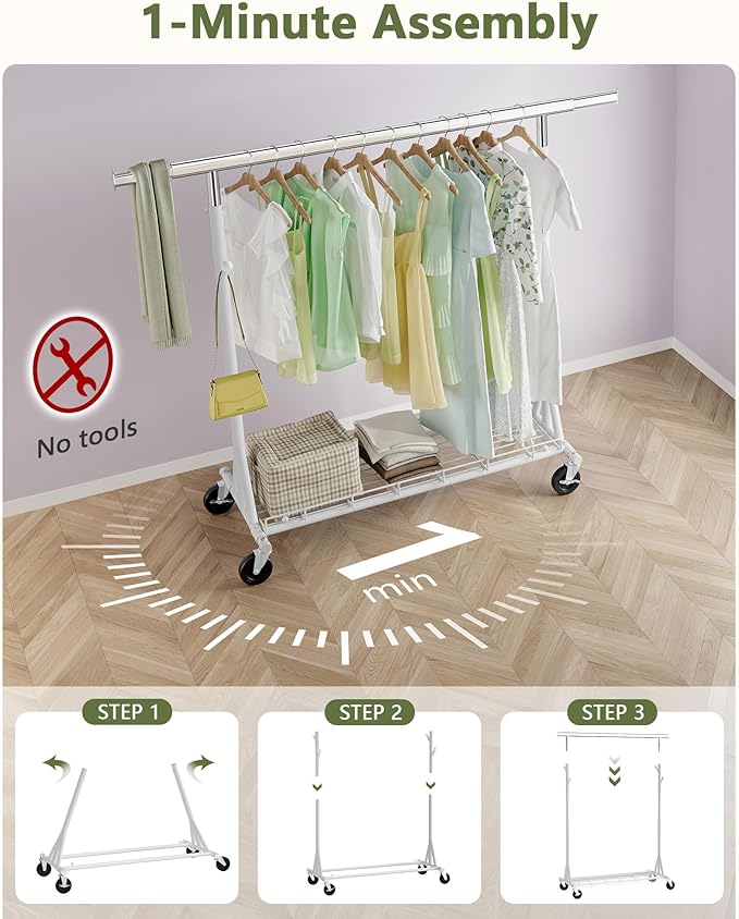 Hoctieon 1-Minute Assembly Clothes Rack, 480 lbs Heavy Duty Rolling Clothing Racks with Wheels, Foldable Garment Rack, Extendable Hanging Bar, Adjustable Metal Pole with Hooks, White