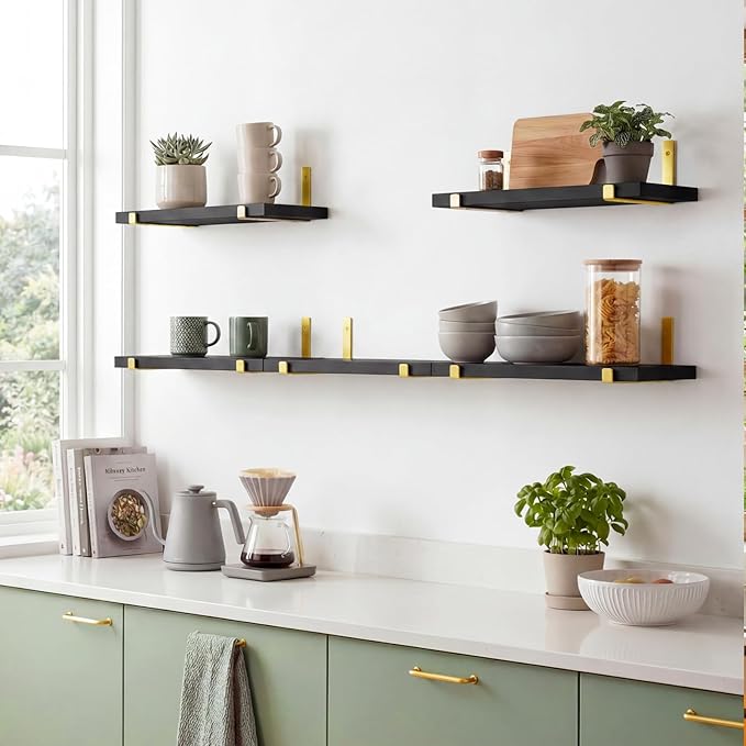 Fixwal Floating Black Gold Shelves Set of 5, Width 4.75 Inches Wall Shelves, Rustic Wood Wall Storage Shelves for Bedroom, Living Room, Kitchen, Bathroom, Home Decor, Laundry Room, Office and Plants