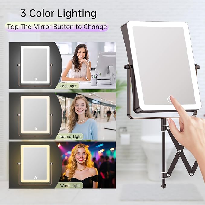FASCINATE 5000mAh Rechargeable Wall Mounted Makeup Mirror with Lights, 8.7 Inch Double Sided Touch Switch 1X 30X Magnifying Bathroom Mirror, 3 Color Lights Dimmable Extended Arm 360°Rotation (Bronze)