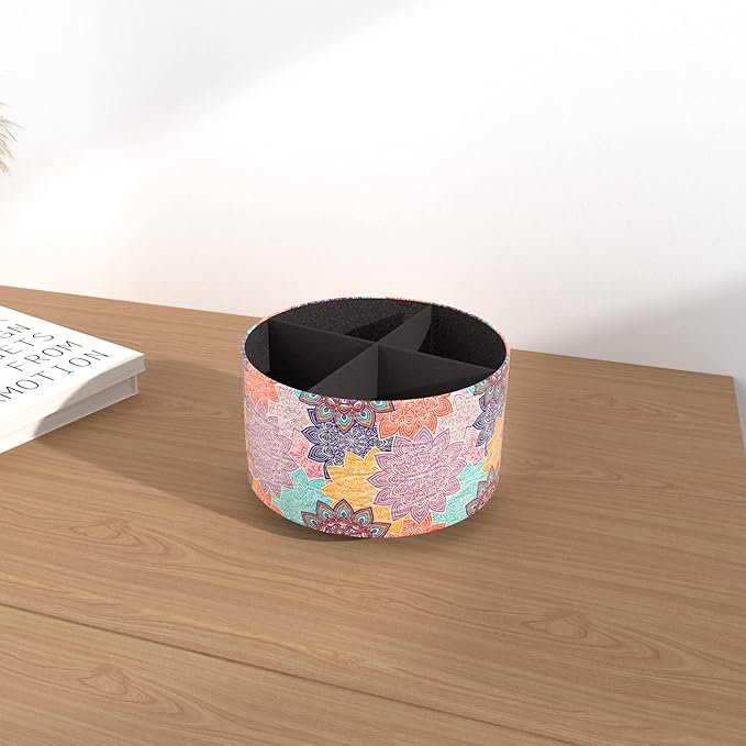 Round Leather Art Supply Organizer,Remote Control Holder,360 Degree Rotating,Multi-Functional Pencil Holder,4 Compartments Desktop Stationary Organizer(1-Colorful Flower)
