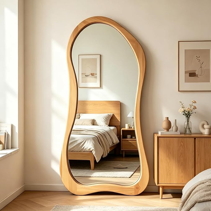 Large Irregular Mirror, 63"x30" Asymmetrical Aesthetic Mirrors with Solid Wood Frame, Organic Shape Floor Mirror for Living Room Entryway Hallway Bedroom Cloakroom, Leaning/Hanging