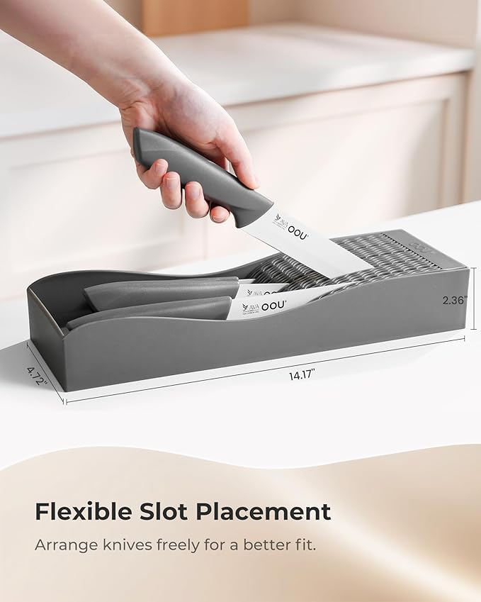 OOU In-Drawer Kitchen Knife Set, Space-Saving Cutlery and Kitchen Organizer, Includes Chef, Bread, Santoku, Utility and Paring Knives, 6-Piece Knives Sets, Gray