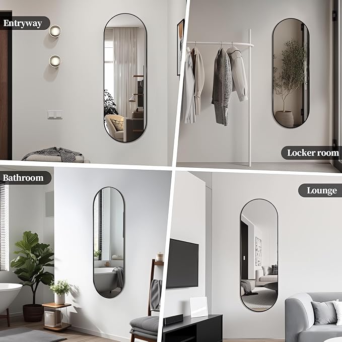 Oval Full Length Mirror, 55"×18" Wall-Mounted Mirror with Black Frame, Ultra-Clear Explosion-Proof Dressing Mirror, Simple and Classic Deco for Cloakroom/Bedroom/Living Room