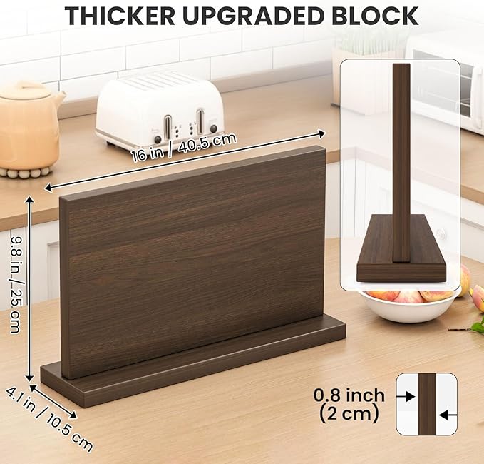 THMINS Magnetic Knife Block, 16 x 9 Inch Double-Sided Wooden Knife Holder for Kitchen Counter, Extra Large Magnetic Knife Holder and Storage Organizer