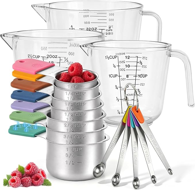 Stainless Steel Measuring Cups and Spoons Set, 7 Magnetic Measuring Cups, 5 Metal Measuring Spoons, 3 Plastic Measuring Cups for Kitchen Cooking & Baking, Dry & Liquid Ingredients