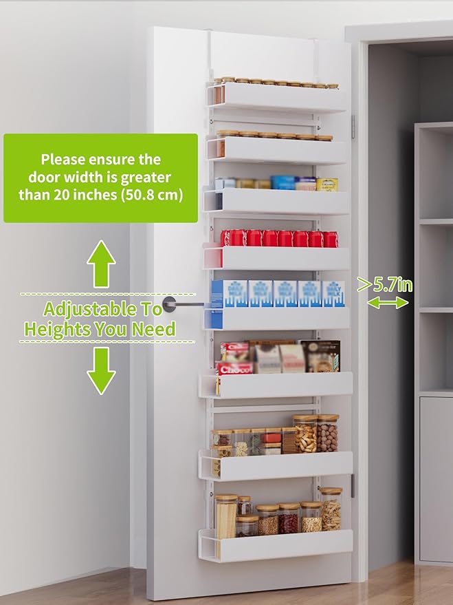 Over the Door Pantry Organizer, 8-Tier Pantry Door Organization and Storage, Hanging Door Spice Rack Metal Shelving, Seasoning Organizer, Door Organizer Home & Kitchen Bedroom Bathroom, White