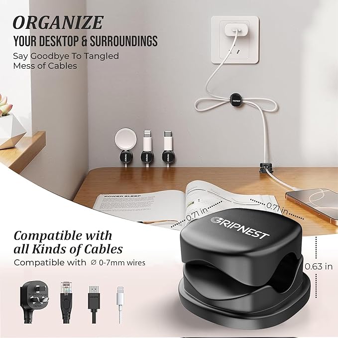 Never-Lose 1s Lock Spring Cable Solution – Rotatable Cable Clips, Strong Adhesive Cord Organizer & Wire Holder for Desk, Car & Nightstand, Secure Cable Management, 8 Pack (Black)