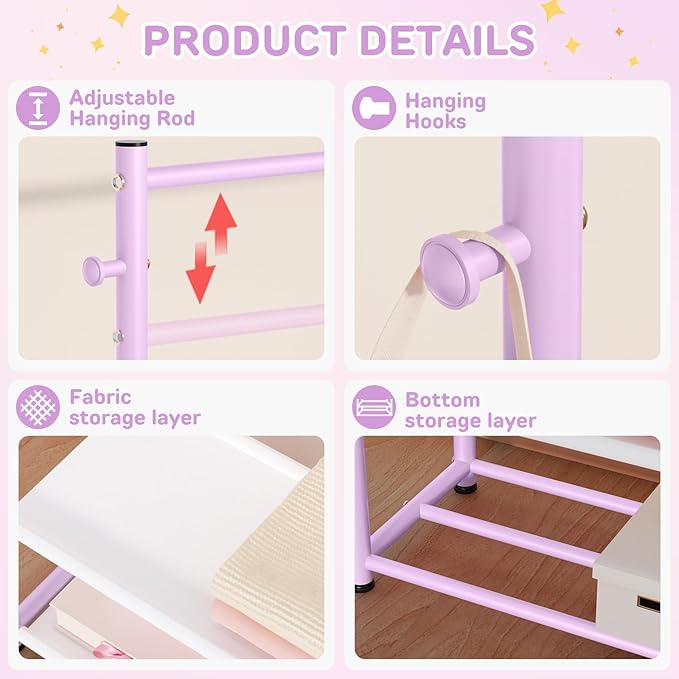 Kids Clothes Rack with 2 Tier Storage Racks and 2 Adjustable Hanging Poles, Small Baby Closet Organizer for Hanging Clothes, Kids Dress-Up Rack (Classic, Purple)