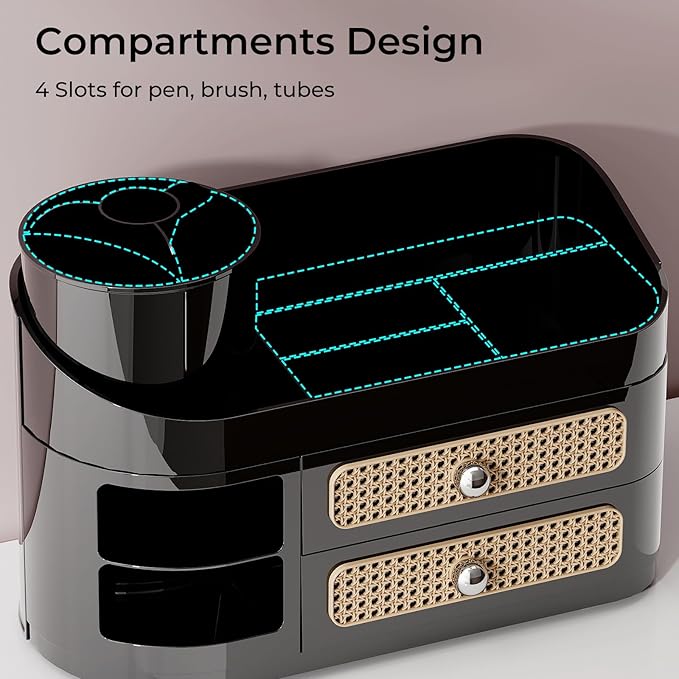 UFORU Makeup Organizer with Rotating Brush Holder, Bathroom Countertop Organizer with 2 Drawers, Easy to Store Hair Brush, Lipsticks, Perfumes, Skincare, Black