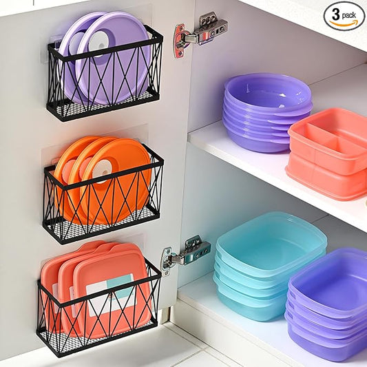 3 Pack Cabinet Organizer - Adhesive Lid Organizer Slim Space Wall Mounted Inside Cabinet Door Storage for Kitchen, Bathroom, Pantry, Under Sink
