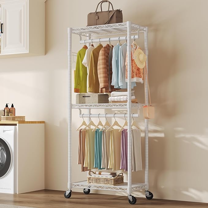 NEWBULIG Heavy Duty Adjustable Clothes Rack with Wheels, Adjustable Rolling Metal Freestanding Garment Closet Organizer with Double Rods & 2 Side Hooks for Hanging Clothes, 29" x 15" x 75", White