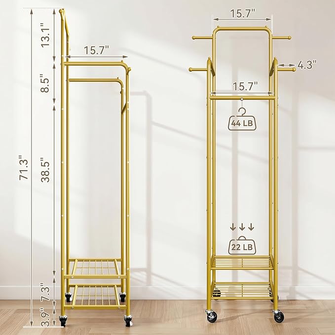 Clothing Rack with Wheels, 71" Portable Rolling Clothes Rack with 2 Shelves and 4 Hanging Rods, Small Garment Rack with 4 Hooks, Sturdy Metal Coat Rack for Bedroom, Laundry Room, Gold