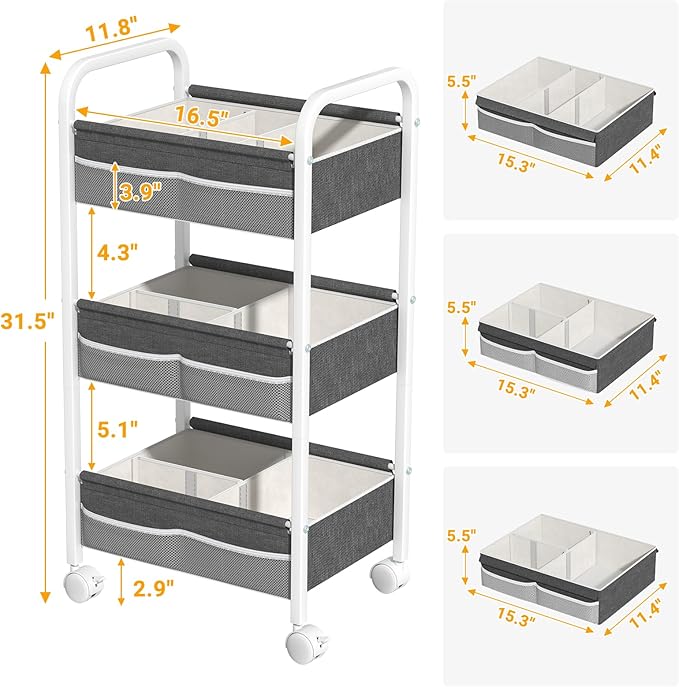 Baby Diaper Caddy Rolling Utility Cart, 3 Tier Baby Essentials Nursery Organizer and Storage with Dividers and Drawers for Crib, Bedroom, Art & Craft Organizer (White)