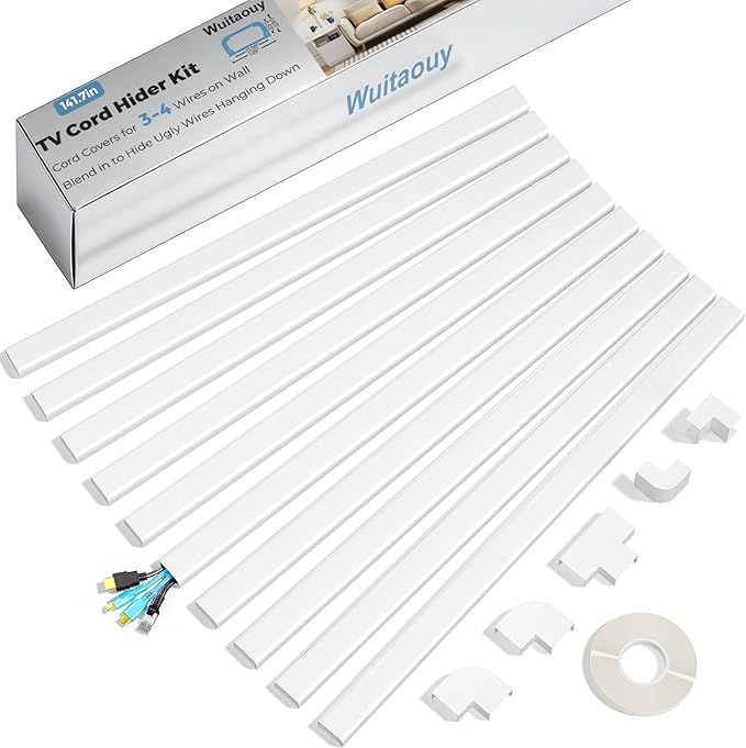 Cord Covers for 3-4 Wires on Wall, Wuitaouy 141.7in Cord Hider Kit, Self-Adhesive Wire Hider Wire Covers for Cords on Wall, Paintable Tv Cable Hider Cable Raceway, W1.18 H0.6in, White