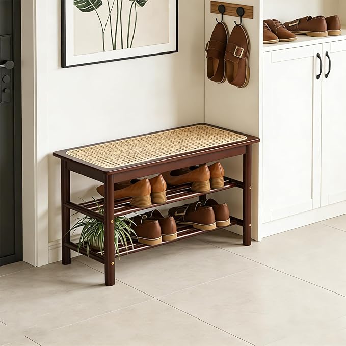 latifolia Shoe Rack Bench, 3-Tier Bamboo Shoe Bench with Breathable Rattan Seat Cushion, Shoe Storage Rack for Entryway(Walnut,39.70''L)