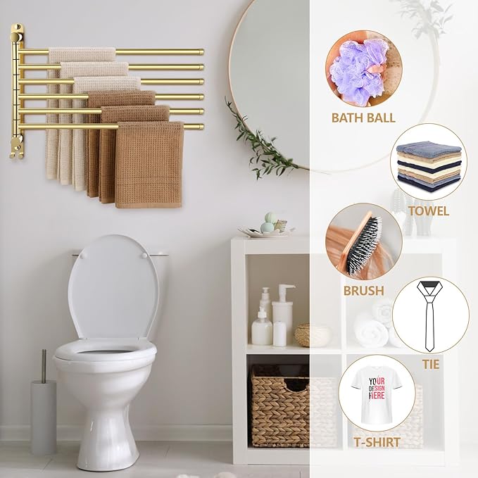 Teenyyou 20.4 Inches Swivel Towel Rack 304 Stainless Steel 6 Arms Bathroom Towel Rack Hanger Pool Holder Wall Mounted Swivel Bar Space Saving with Hook(Gold)