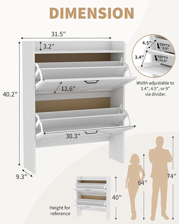 Shoe Cabinet Organizer with 2 Flip Drawers, Freestanding Narrow Shoe Rack for Entryway, Freestanding Hidden Shoe Storage Cabinet for Entryway, Hallway, Living Room, Bedroom, White