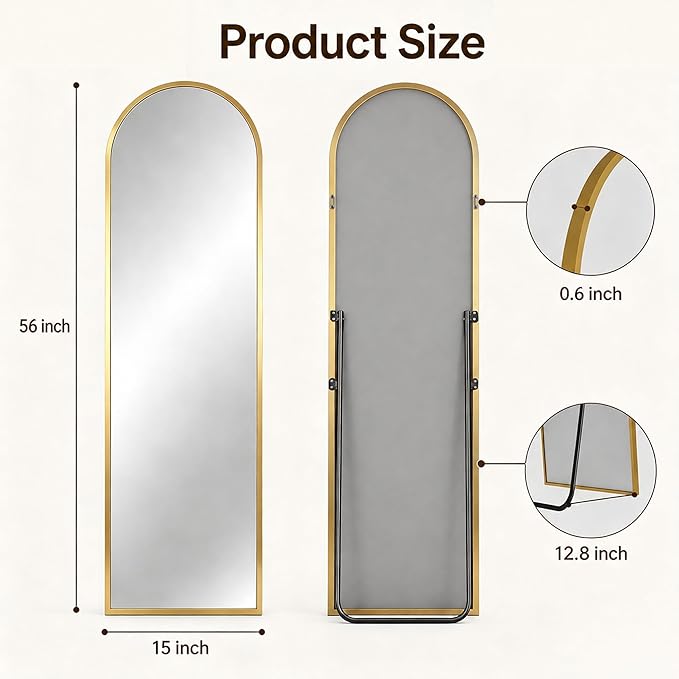 Antok Full Length Mirror, 56"x14" Floor Mirror with Stand, Hanging Mounted Mirrors for Bedroom, Living Room, Cloakroom, Dining Room, Gold, Arch