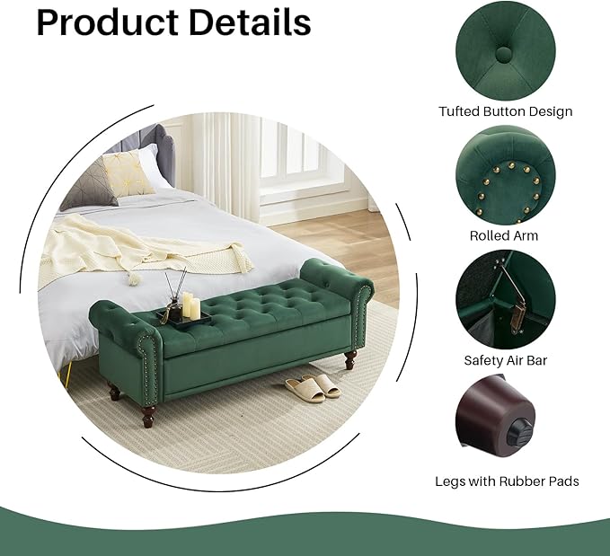SOFTHION 58.1" Storage Bench Upholstered Velvet End of Bedroom Bed Bench Ottoman with Tufted Cushioned Rolled Arm Large Storage Space for Reading Living Room Entryway,Dark Green