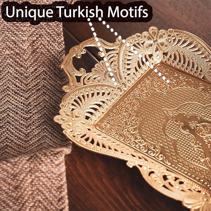 Small Gold Turkish Tea Coffee Serving Tray Table Decor Decorative Handles Rectangle - Gold Rectangular Candle Rustic Farmhouse Home Kitchen Brass Moroccan Style Traditional Fancy Tray Decor