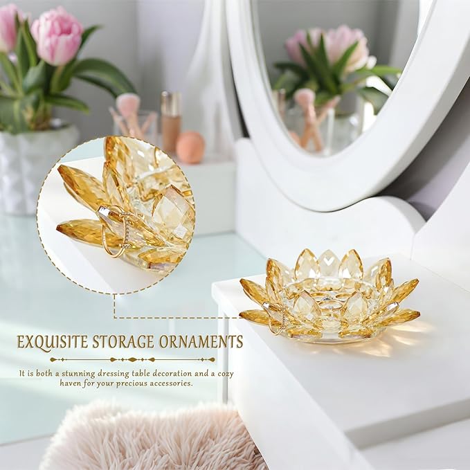Crystal Flower Jewelry Tray, Transparent Decorative Trinket Dish for Rings, Earrings, Necklaces, Keys for Vanity Dresser Nightstand, Elegant Gift for Women Mother's Day (2, 6.3"(W)- Gold)