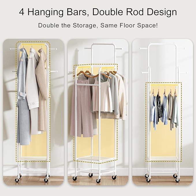 Clothing Rack with Wheels, 71" Portable Rolling Clothes Rack with 2 Shelves and 4 Hanging Rods, Small Garment Rack with 4 Hooks, Sturdy Metal Coat Rack for Bedroom, Laundry Room, White