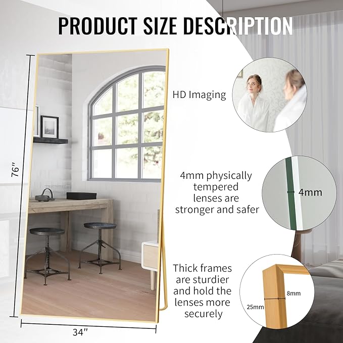 Beauty4U Full Length Mirror 76" x 34", Large Floor Mirror with Stand, Wall Mounted or Leaning, HD Tempered Glass Full Body Mirror for Bedroom, Living Room, Entryway, Gold Frame
