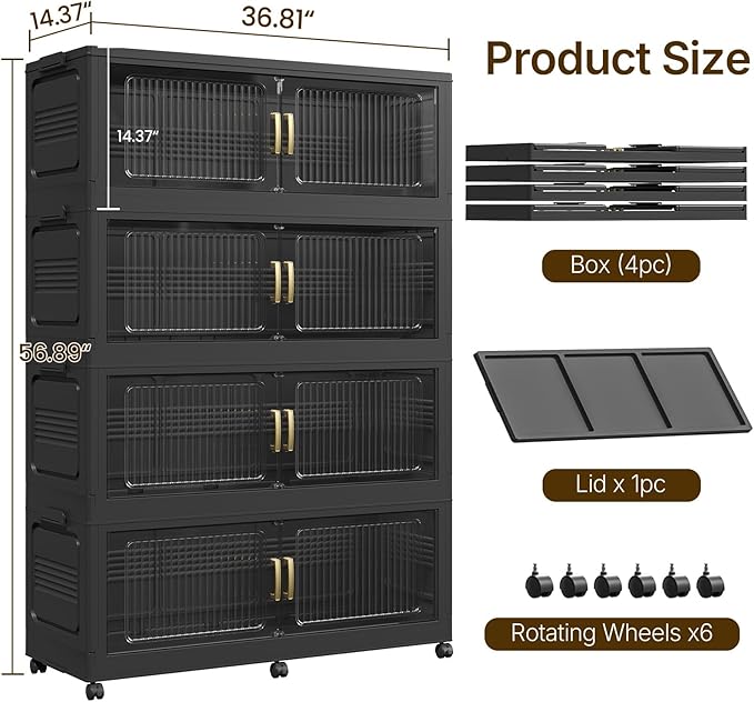 Extra Large Stackable Storage Bins with Lid, 280Gal/1120QT Foldable Collapsible Storage Box with Doors, Wheels and Drawers, Plastic Closet Organizer Container for Kitchen, Bedroom, Dorm, 4Pack