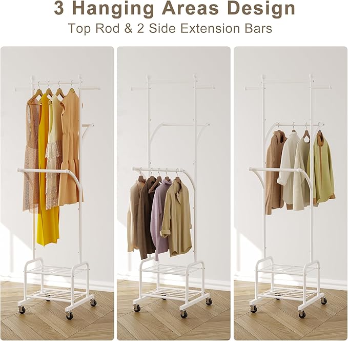 Rolling Clothes Rack with 2 Metal Shelves, 71" Portable Clothing Rack with Wheels, Small Garment Rack with 2 Side Hanging Rods, Freestanding Coat Rack for Laundry Room, Bedroom, White
