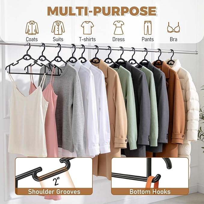 Heavy Duty Plastic Hangers 50 Pack, Stackable Space Saving, with 360° Swivel Hook, Non Slip Shoulder Grooves, for Suits, Shirts, Coats, Durable & Strong Closet Organizers, Black