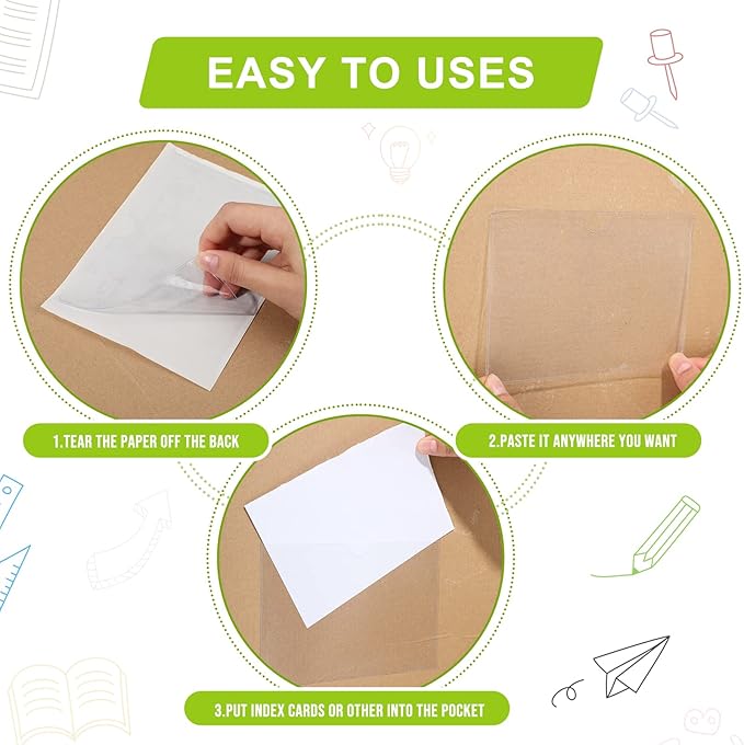 Outus 200 Pack 6.3 x 4.33 Inch Self Adhesive Label Pockets Bulk Plastic Labels Holders for Storage Bins Clear Classroom Nameplate Sleeves Index Card Tote Photos Waterproof Protect Office