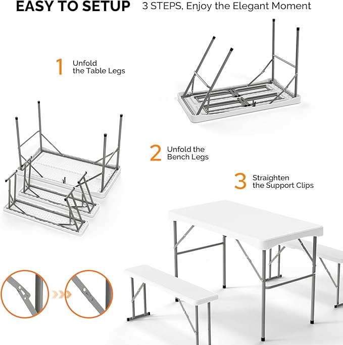 VINGLI Picnic Table Set with 2 Benches, 6 Feet Camping Table Chair Set, Heavy-Duty HDPE Material with Metal Frame, 3-Piece Folding Furniture for Indoor or Outdoor Use (3.5ft White)