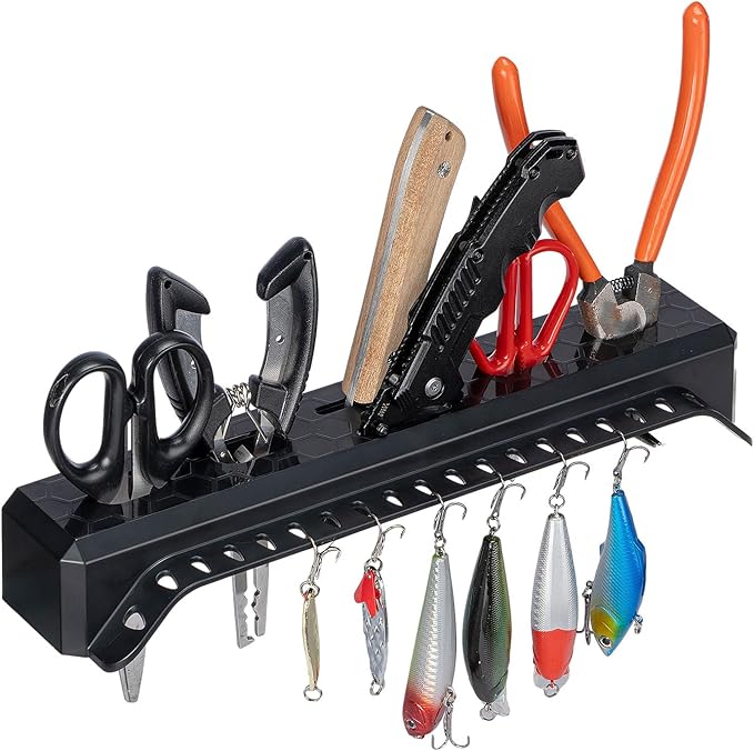 KEMIMOTO Fishing Tool Holder for Boat, Fishing Hook Knife Pliers Holder for Boat, Marine Tackle Rack Holder, Fishing Bait and Lure Organizer, Small, Black, KMB1624-01005-BK