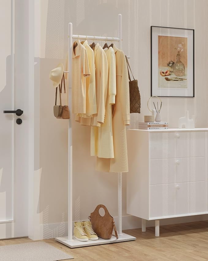 Large Metal Coat Rack Freestanding, Modern Coat Hanger Stand with 2 Hooks and Heavy Rock Slab Base, Industrial Clothes Rack, Garment Rack, 19.7 x 11.8 x 68.9 In, White, GYJ202MW