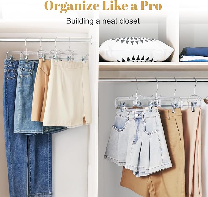 HOUSE DAY 200 Pack Pants Hangers with Adjustable Clips and 360° Swivel Hook, Non-Slip Clear Plastic Skirt Hangers for Pants, Jeans, Skirts, Trousers, Bulk Hangers for Closet Organization