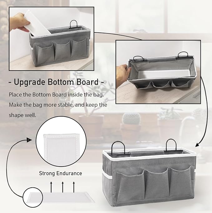 Kanrichu Wall Hanging Organizer Bag, 2-Pack Linen Storage Baskets with Pockets, WallHanging Storage Basket for Bedroom, Kitchen, Office, RV Camper (Gray)