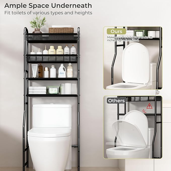 4-Tier Over The Toilet Storage Shelf and Rack | Above Toilet Organizer with Metal Frame & Vinyl Mesh, Space-Saving Unit for Bathroom and Laundry Room, Black