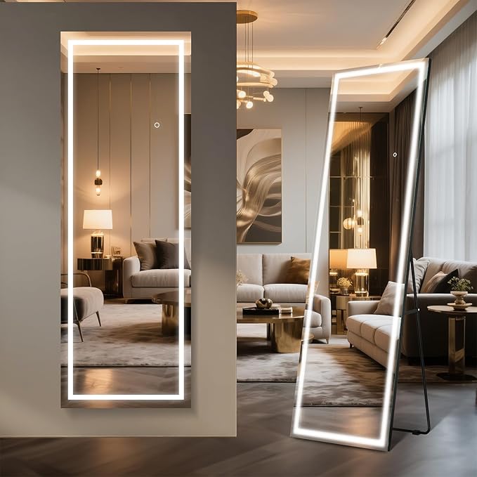Kosmonia 67x24 Frameless Full Length Mirror, Dimmable 3 Color LED Light w/Memory Function, Distortion Free, HD Reflection & Anti Desilvering, Tempered Glass, Easy Setup w/Stand, Wall/Standing