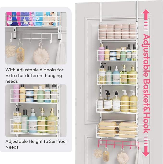 SWTYMIKI Over The Door Organizer - Door Organizer Hanging with 5 Adjustable Metal Large Capacity Basket and 6 Coat Hook, Wall Mounted Shelves for Bedroom Closet Bathroom Laundry Pantry Kitchen