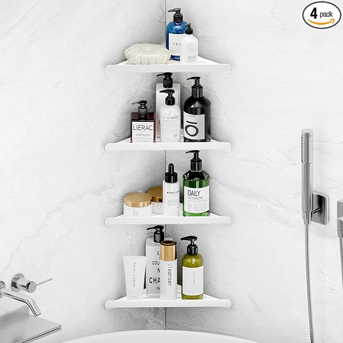 Fikoksol Shower Caddy, 4 Pack Bathroom Corner Shelf, Triangle Shelf Storage for Bathroom Shower, White Metal Shower Shelf & Rustproof Wall Mounted Adheisve Glue Organizer Accessories and Essentials