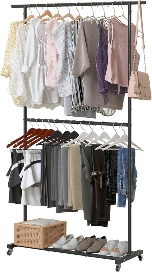 Sywhitta Double Rod Clothing Garment Rack, Rolling Clothes Organizer on Wheels for Hanging Clothes, Easy to Assemble, Adjustable, Black