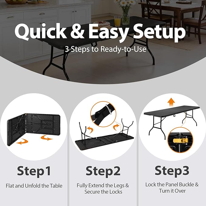 SUPER DEAL 8FT Folding Picnic Table for Indoor Outdoor, Portable Fold-in-Half Plastic Dining Camping Party Table with Carrying Handle, Black