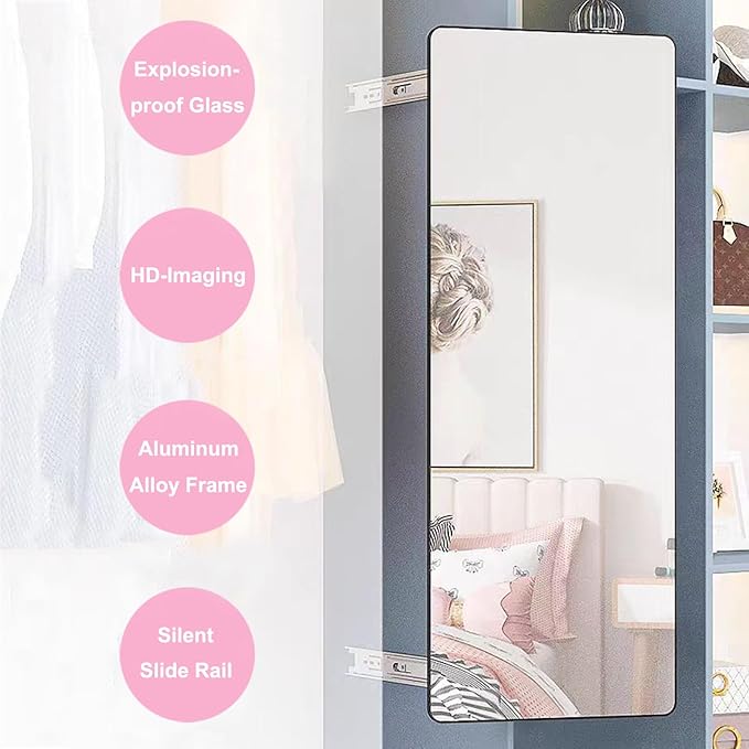 Hideaway Closet Mirror, Retractable Full Length Mirror, 51" x 16" Wall Mounted Mirror, Suitable for Bedroom, Locker Room, Cloakroom