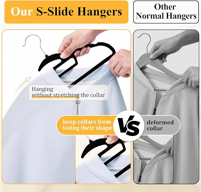 Black Velvet Hangers 50 Pack, S-Shaped and Stackable Non Slip Felt Hanger with 360°Swivel Hook, Ultra Thin and Space Saving Flocked Hangers for Suits, Shirts, Coats, 15Lbs Capacity Heavy Duty