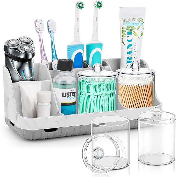 GFWARE Bathroom Toothbrush Holder Set with 2 Pack Qtip Holder Dispenser - Detachable 7 Slots Bathroom Accessory Set, Kids Marble Bathroom Sink Counter Set, Bathroom Essentials Decor, Grey