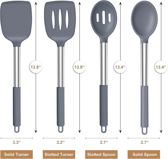LIANYU Silicone Cooking Utensil Set, 4Pcs Heat Resistant Kitchen Utensils Set, Non-stick Stainless Steel Handle Spatula Tools, Dishwasher Safe, Grey