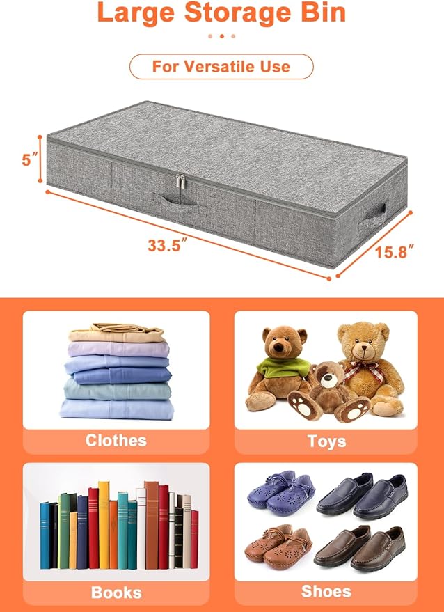 punemi 5 inches High Low Profile Under Bed Storage with Sturdy Sides & Bottom – Ideal for Under Couch, Crib, Clothes & Toy Storage, 2-Pack Grey