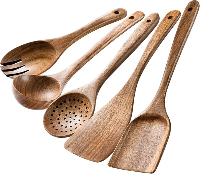 HSM Wooden Spoons for Cooking – 5-Piece Wooden Utensil Set, Non-Stick Safe, Easy-to-Clean Natural Acacia Wood Kitchen Utensils, Ideal for Cooking, Stirring, and Serving at Home