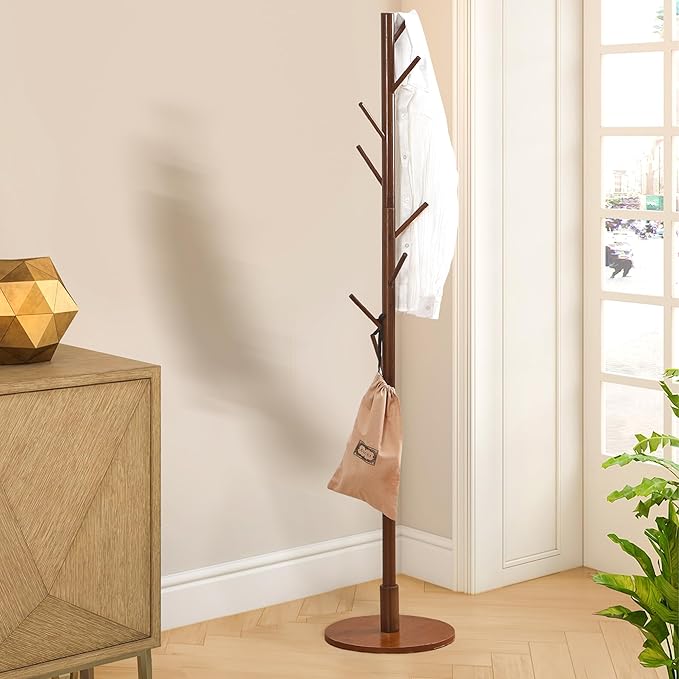 VECELO Coat Rack Freestanding, Entryway Hanger Stand, Umbrella Holder, Hall Tree With Hooks, Floor Standing Metal Tree Stand,Walnut